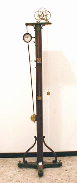 Galleria d'immagini per descrivere lo strumento; foto 1: lo strumento, Malfi, &copy; S 1994; foto 2: il filo a piombo, Malfi, &copy; D 2003; foto 3: il cronometro, Malfi, &copy; D 2003; foto 4 (disegno): il sistema di rinvio del filo, Malfi, &copy; 2002